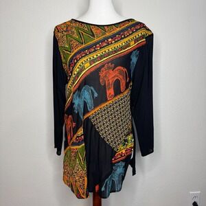 PLATINUM Dorothy Schoelen Tunic SMALL Tribal Ethnic Print Horses Asymmetric Hem